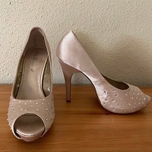 Satin and Rhinestone Pink Peep Toe Heels